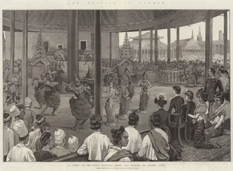 Die Briten in Burma, ein Pooay im Palast, Mandalay, vor Lady Dufferin und burmesischen Damen